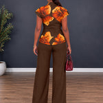 Women's Two Piece Outfit Vintage Floral Twist Front Top and Straight Leg Pants Set