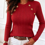 Women's Gold Button Crew Neck Textured Knit Long Sleeve Top
