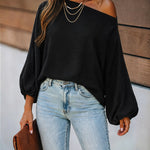Women's French Style Off Shoulder Blouse Elegant Lantern Sleeve Top Versatile Skew Neck Textured Shirt