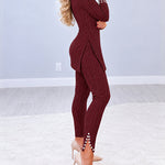 2 Pieces Outfit Mock Neck Long Sleeve Hollow-out Back Side Slit Longline Top and High Waist Slit Hem Pants Set Casual Pearls Decor Slim Fit Knit Lounge Set