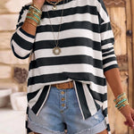 Women's Striped T Shirt Long Sleeve Drop Shoulder Crewneck Tee Side Slit Casual Loose Fit Top