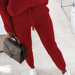 2 Pieces Outfit Long Sleeve Skew Neck Pullover Top and Drawstring Elastic Waist Slim Fit Pants Set
