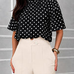 Women's Mock Neck Chiffon Blouse Polka Dot Ruched Elegant Flared Sleeve Top Casual Office Commute Shirt