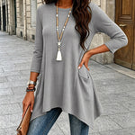 Women's Ribbed Asymmetrical Hem Top Crewneck Three Quarters Sleeve A-Line Casual Top