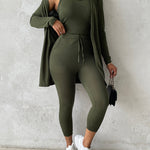 3 Piece Lounge Set Crewneck Sleeveless Tank Top Long Sleeve Open Front Coat Pants Sweatsuit