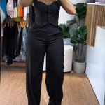 2 Pieces Outfit Thick Strap Button Front Shirred Back Slim Fit Crop Top and Casual High Waist Zipper Fly Elastic Back Waist Wide Leg Pants Set