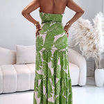 Tropical Print Halter Tie Shirred Frill Trim Cinched Waist Vacation Dress Ruched Cutout Front Slim Fit Ruffle Hem Mermaid Dress