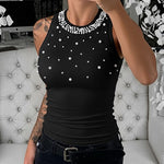 Women's Pearls Slim Fit Tank Top Sleeveless O-neck Ribbed Knit Tee