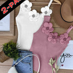 2 Pack Solid 3D Flower Tank Top Asymmetrical Neck Sleeveless Casual Ribbed Knit Camisole