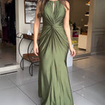 Women's Halter Tie Satin Maxi Dress Twist Front Cutout Backless Mermaid Cockail Dress Ruched Evening Party Dress