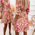 Women’s Leopard Floral Print Vacation Dress Overlap V Neck Shirred Waist Ruffle Midi Dress with Lining