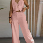 Women's Two Piece Outfits Faux Two Piece Sleeveless Crop Top and High Waisted Wide Leg Pants Elegant Matching Suit