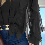 V Neck Shoulder Ruffles Design Blouse Casual Button Front Long Sleeve Top