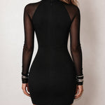 Women's Rhinestone Mock Neck Mesh Long Sleeve Bodycon Dress Party Mini Dress