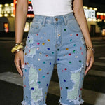 Women's Colorful Rhinestone Ripped Denim Shorts High Waisted Raw Hem Y2K Washed Jean Shorts