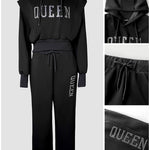 2 Pieces Outfit 3D Design Crop Drawstring Hoodie Top and Drawstring Elastic Waist Wide Leg Sweatpants Set Casual Rhinestone Letter Pattern Sweatshirt Set