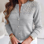 Women's Pearl Beaded Knit Cardigan Elegant Hollow Out Crop Sweater Casual Button Down Coat