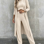 Women's 3 Piece Knit Set Long Cardigan Criss Cross Crop Tank Top and Wide Leg Pants Casual Ribbed Brushed Lounge Set