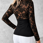 Women's V Neck Lace Patchwork Top Sexy Long Sleeve Slim Fit Blouse Floral Gold Button Front Slit Peplum Top
