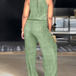 Women's Halter Jumpsuit Lace Trim Backless Overalls Tied Detail Wide Leg Jumpsuit with Pockets