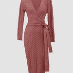 Cable Textured Overlap Deep V-Neck Long Sleeve Mid-Length Dress Tie Waist Slim Fit Knit Dress