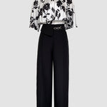2 Pieces Outfit Floral Print Round Neck Bell Sleeve Satin Top and High Waist Wide Leg Work Pants Set