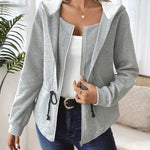 Women's Hooded Drawstring Waist Jacket Casual Zip Up Curved Hem Coat