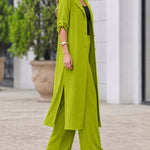 Women's 2 Piece Outfit Lapel Button Down Side Slit Longline Top and High Waisted Straight Leg Pants Set