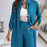 2 Pieces Outfit Turn-down Collar Turn-Up Sleeves Button Front Asymmetrical Hem Longline Blouse and Casual Elastic Waist Wide Leg Pants Set