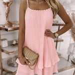 Women's Pearls Embellished Straps Mini Dress Backless Pleated Dress Casual Double Layer Lettuce Trim Cami Sun Dress