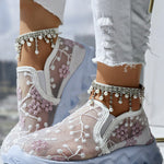 Floral Pattern Sheer Mesh Patch Round Toe Sneakers