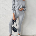2 Pieces Outfit Skew Neck Long Sleeve Loose Pullover Top and Drawstring High Waist Slim Fit Pants Set