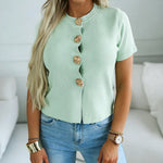 Women's Rib-Knit Short Sleeve Cardigan Gold Flower Button Round Neck Sweater Casual Top