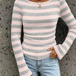 Women's Boat Neck Striped Long Flare Sleeve Ruched Knit Top