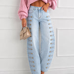 Women's Barrel Jeans High Waisted Side Button Denim Pants Distressed Washed Baggy Trousers Retro Y2K Streetwear