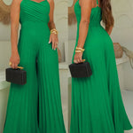 Women's Pleated Wide Leg Jumpsuit Spaghetti Strap High Waisted Shirred Backless Flared Overalls