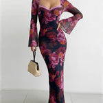 Women's Vintage Floral Mesh Dress Lace Trim Sweetheart Neck Flare Sleeve Bodycon Maxi Dress Mermaid Party Gown