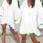 Colorblock V-Neck Bell Sleeve A Line Tassel Mini Dress Vacation Dress