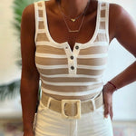 Women's Striped Henley Tank Top Sleeveless U-Neck Backless Contrast Knit Top