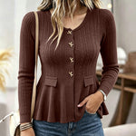 Women's Peplum Ruffle Hem Cardigan Cable Knit Slim Fit Sweater V Neck Gold Bow Button Down Top