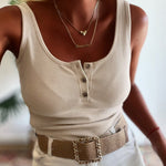 U-Neck Sleeveless Half Button Front Tank Slim Fit Backless Knit Waffle Tank Top