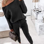 2 Pieces Outfit Long Sleeve Skew Neck Pullover Top and Drawstring Elastic Waist Slim Fit Pants Set