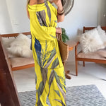 2 Pieces Outfit Plants Print Cold Shoulder Batwing Sleeve Top and Casual Wide Leg Pants Set