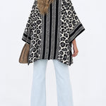 Women's Leopard Print Poncho Cardigan Contrast Striped Trim Open Front Loose Fit Batwing Sleeve Knit Cape Shawl