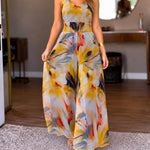 Women's V-Neck Floral Print Mesh Wide Leg Jumpsuit Stretchy Straps Shirred Waist Overalls