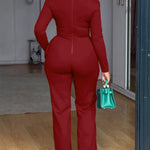 Cowl Neck Asymmetrical Textured Patchwork Cinched Waist Jumpsuit Casual Zipper Back Wide Leg Jumpsuit