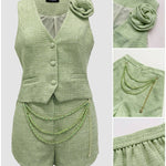 2 Pieces Outfit 3D Flower Decor V-Neck Sleeveless Button Front Vest and Chain Decor Zipper Fly Elastic Back Waist Shorts Set Casual Tweed Set
