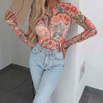 Women's Vintage Floral Rhinestone Mesh Top Slim Fit Long Sleeve Tee with Thumb Holes