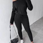 2 Pieces Outfit Long Sleeve Skew Neck Pullover Top and Drawstring Elastic Waist Slim Fit Pants Set