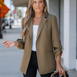 Notched Collar Roll Up Sleeve Blazer Coat
